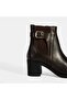 Women's Brown Metal Buckle Detailed Heeled Leather Boots - 6