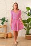 Women's Pink Wrapped Balloon Sleeve Gathered Waist Dress Viscose Gathered - 3