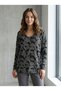 Women's Silvery Grey-black Patterned V-Neck Knitwear Sweater