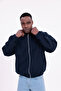سترة رجالية من قماش الغبردين الأساسي بسحاب قصة فضفاضة موسمي وياقة بولو باللون الأزرق الداكن - 2