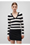 V-Neck Striped Black Sweater Fitted / Bodycon Cut 1710544-85407 - 3
