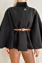 MANDARIN COLLAR MELTON PONCHO WITH BELT DETAIL - 3