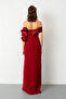 Women's Burgundy Slim Fit Collar Detailed Slit Long Evening Dress - 6