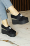 Himani Black Suede Round Toe Silver Detailed Hidden Wedge Heeled Casual Shoes