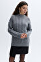 Women's Gray Melange Hair Braided Crew Neck Wool Sweater