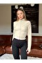Women's Beige Slim Fit Fleece Mock Neck Zippered Cardigan - 4