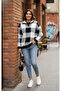Women's Black Soft Textured Plaid Zippered Knitwear Sweater - 2