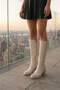 Cream Leather-Look Stretchy Back Thick Mid High-Heeled Zippered Long Boots - 8