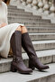 Bitter Brown Leather Look Stretchy Back Flexible Thick High Heels Buckle Detailed Zippered Long Boots - 2