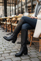 Black Leather Look Back Stretch Flexible Thick Medium High Heel Buckle Detailed Zippered Long Boots - 2