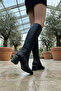 Women's Below the Knee Black Heeled Shiny Detailed Zippered Leather Look Long Boots - 6