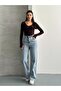 Women's Blue Snow Washed Loose Wide Leg Jeans - 3