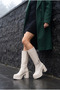 Leather Look Gold Buckle Thick High Platform Heeled Zippered Women's Beige Long Boots - 7