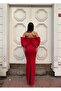 Stretchy Scuba Fabric Strapless Drapey Sleeve Stone and Tulle-Detail Evening Dress 583336 RED - 4