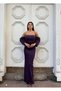 Stretchy Scuba Fabric Strapless Drapey Sleeve Stone and Tulle-Detail Evening Dress 583336 PURPLE - 3