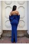 Stretchy Scuba Fabric Strapless Flowy Sleeve Stone and Tulle Detail Evening Dress 583336 Cobalt - 2