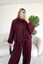 Textured Satin Oversized Bat Sleeve Jacket - Loose Trousers Burgundy Set - 8