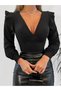 Women's Fabric Featured Black V-Neck Flexible Knitted Fabric Blouse with Ruffled Shoulders - 2