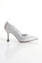 Women's Silver Satin Covered with Gemstones 8 cm Thin Galvanized Heels Closed Back Comfortable Stiletto