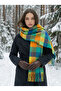 Colorful Plaid Patterned Furry Knitted Scarf - Blue Green Yellow Orange Checkered Tasseled Sal1256 - 2