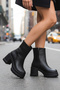 Leather-Look Faux Leather Side-Zip Closure High Block Heel Winter Women's Black Ankle Boot Bootie - 4