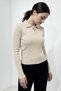 Women's Polo Neck Beige Corded Fabric Ribbed Knit Long Sleeve T-Shirt - 5