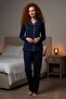 Premium Women's Navy Blue Long Sleeve Buttoned 100% Cotton Pajama Set Comfortable and Soft Texture