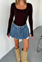 Brown Square Neck Finger Detailing Buzzy Fabric Slim Fit Body-Blouse - 3