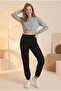 Women's Corded Waist and Elastic Leg Three Thread Fleece Inside Knitted Sweatpants Jogger Black