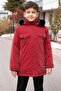 Claret Red Snap Fastener Chest Pocketed Fur Lined Boy's Hooded Coat 21350 - 8