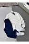 Men's Vertical Striped Stretch Fabric Ottoman White Sweatshirt Navy Blue Trousers 2-Piece Set