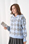 Women's Polo Neck Half Placket Button Detail Patterned Oversized Knitwear Sweater - 2
