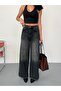 Women's Smoked Washed Baggy Jean High Waist Wide Leg Jeans Black - 2