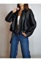 Women's Black Balloon Model Short Leather Coat Yy101284 - 4