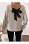 Women's Long-Sleeve V-Neck Open-Back Ribbon-Detail Fleece-Lined Ribbed Knit Blouse - 2