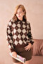 Women's Polo Neck Half Placket Button Detail Patterned Oversized Knitwear Sweater - 4