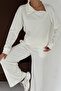 Soft Textured Ecru Modal Suit Top with Cross Side Zipper Detail Sweatshirt Bottom Palazzo Pants - 5