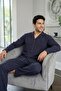 Navy Blue White Plaid Patterned Front Buttoned Elegant Men's Pajama Set - 3