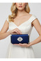 Navy Blue Full Metal Frame and Crystal Embroidered Glitter Satin Evening Dress Bag
