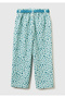 Girl's Mint Green All-Over Patterned Velvet Pants with Adjustable Waist and Drawstring - 2