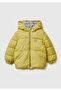 Boy's mustard brown jacket with logo patch on left chest, front pocket detail, and zipper closure.