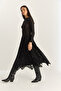 Women's Black Velvet Patterned Lined Asymmetrical Cut Elastic Waist Midi Skirt De251125 60283880 - 5