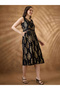 Foil Print Ethnic Motif Round Neck Midi A-Line Dress - 2