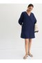 Navy Blue Cotton Linen Mini Dress with 3/4 Sleeves - 6