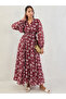 Deep Red Floral Print Balloon Sleeve Wrap Maxi Dress - 2