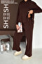 Soft Textured Brown Modal Suit with Snap Detail on the Sides Hooded Sweatshirt Bottom Palazzo Pants - 4