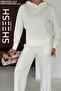 Soft Textured Ecru Modal Suit with Snap Detail on the Sides Hooded Sweatshirt Bottom Palazzo Pants - 5