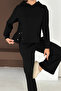 Soft Textured Black Modal Suit with Snap Detail on the Sides Hooded Sweatshirt Bottom Palazzo Pants - 8