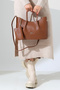 Women's Tan Faux Leather Chain Detailed Women's Shoulder and Hand Bag - 5
