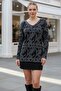 Black-Grey V-Neck Long Sleeve Slim Y Slit Silvery Casual Back Long O Oversized Knitwear Sweater 73 70